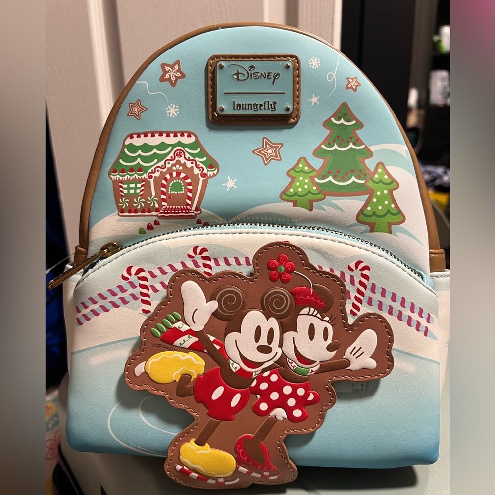 Loungefly Holiday Backpack with Mickey and Minnie - Blue and Brown